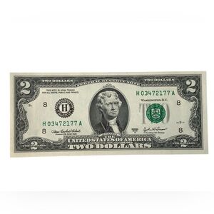 Two Dollar Bill with Green Seal Series 2003A H03472177A Serial Number